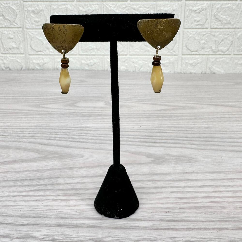 Marjorie Baer Vtg Southwestern Boho Earring Triangular Hammered Copper Bone Bead